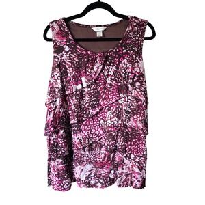 CJ Banks 1X Purple Pink Brown Abstract Print Sleeveless Tiered Ruffle Top